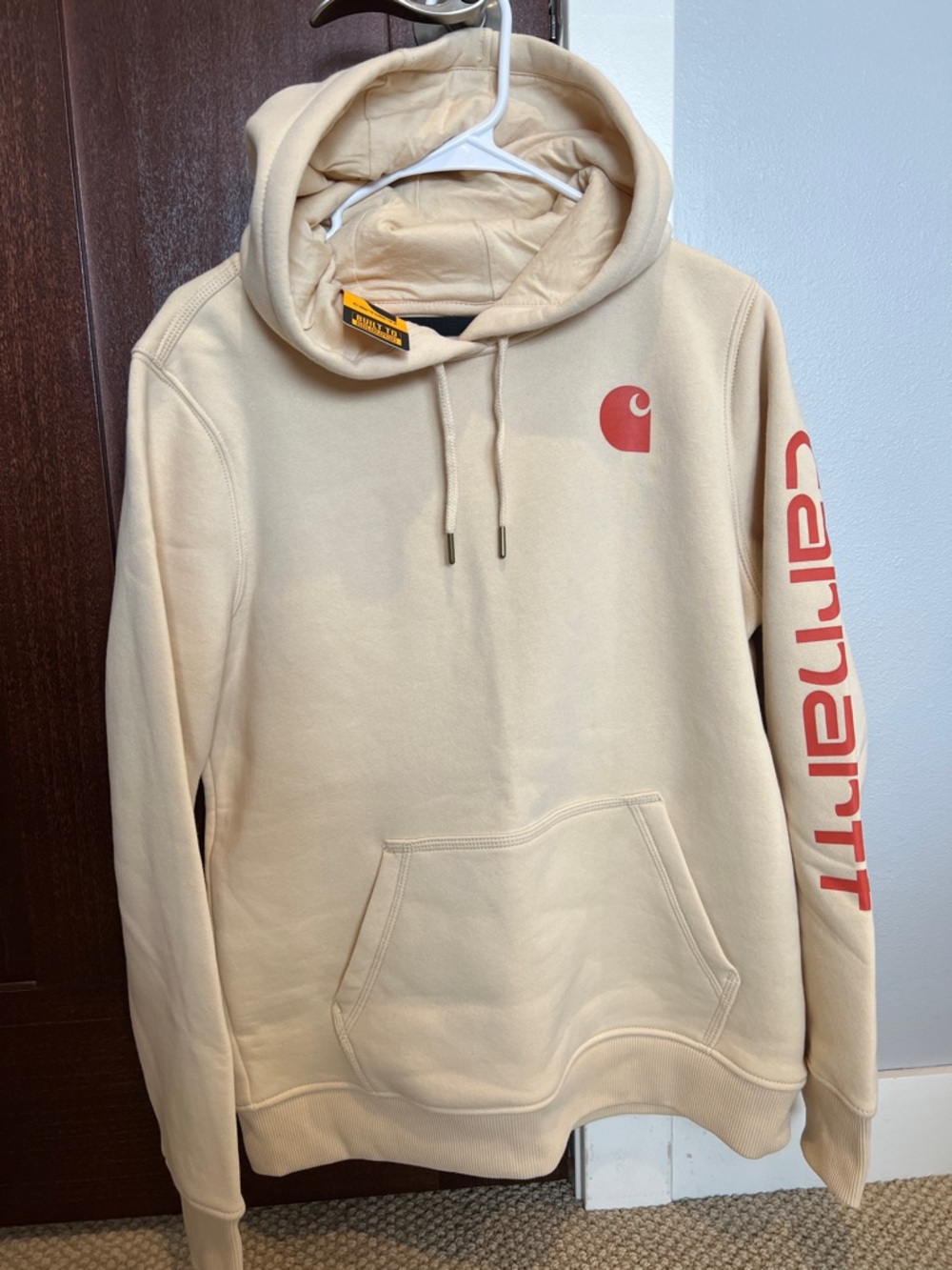 Carhartt Women’s Cream Hoodie with Burnt Orange Logo - Pullover Sweatshirt